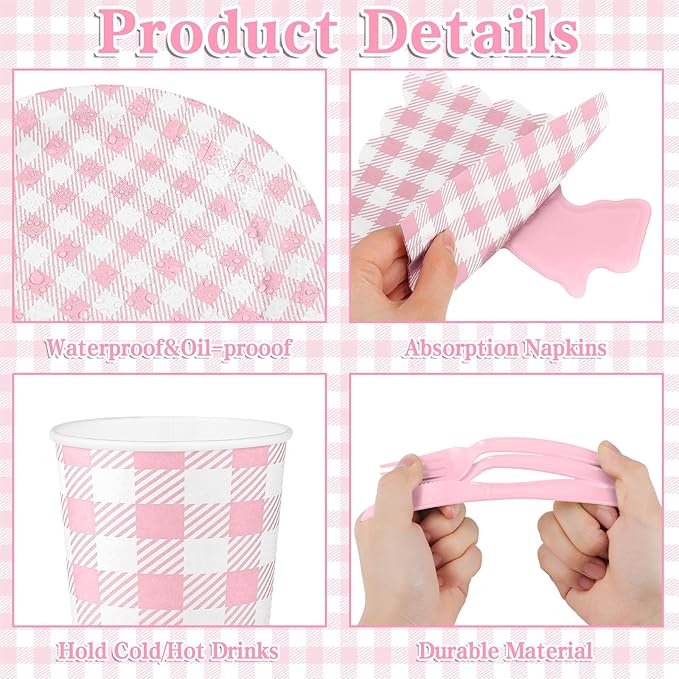 175 Pcs Gingham Paper Plates, Pink Gingham Party Supplies Include Pink Plates and Napkins Cups Disposable Checkered Dinnerware Set for Picnic, Baby Shower, Wedding