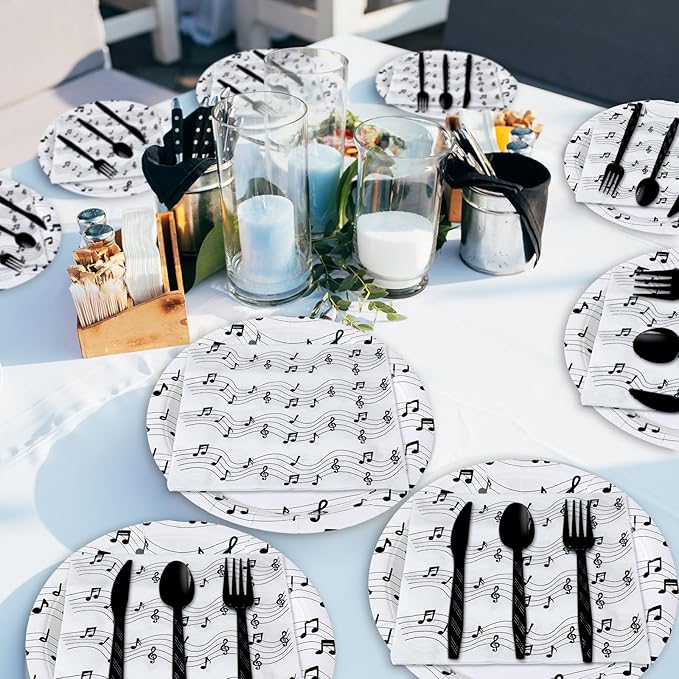Yungyan 252 Pcs Musical Note Plates and Napkins Set Music Themed Party Decorations Disposable Music Notes Paper Napkins Plates Cups Knives Spoons Forks Concert Musical Dinnerware Serves 36 Guests