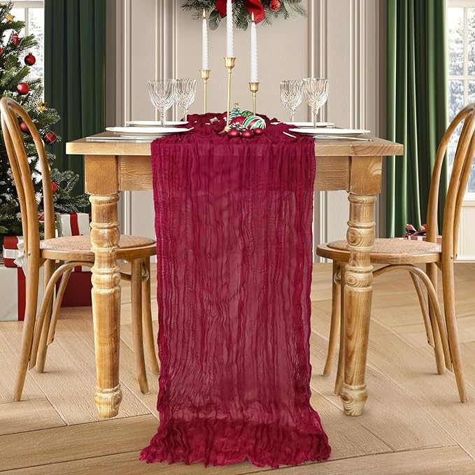 Christmas Table Runner, 10FT Burgundy Table Runner 35*120inch Boho Dark Red Table Runners for Burgundy Christmas Decorations Party Supplies Christmas Table Centerpiece Decorations