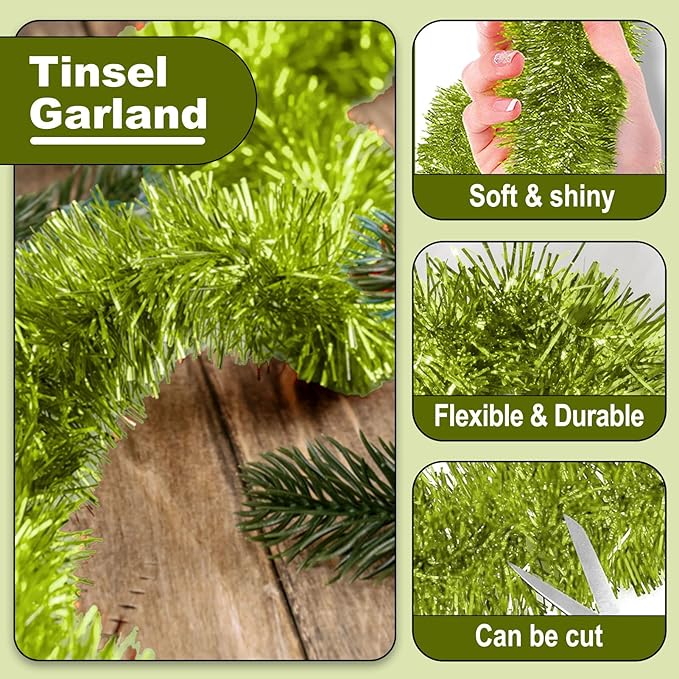 25 Feet Christmas Tinsel Garland, Metallic Twist Garland Wall Hanging Tinsel Garland Backdrop for Parade Floats, Carnival, Birthday, Wedding, New Year Party Decorations (Light Green, 4in x 25ft)