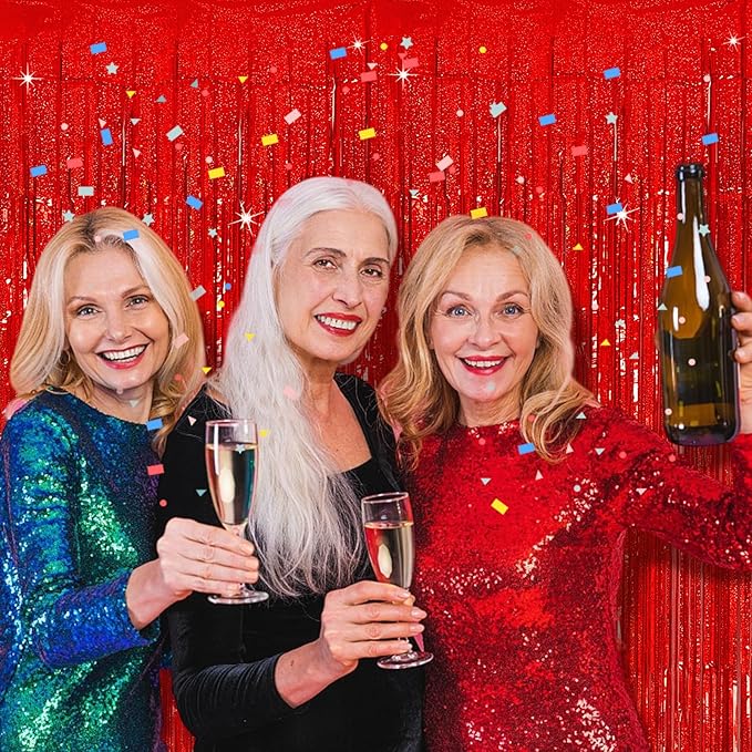Tinsel Curtain Party Backdrop Red Birthday Party Decorations 5 Packs Glitter Foil Fringe Curtain Decor Streamers Photo Booth for Christmas Wedding Halloween Graduation