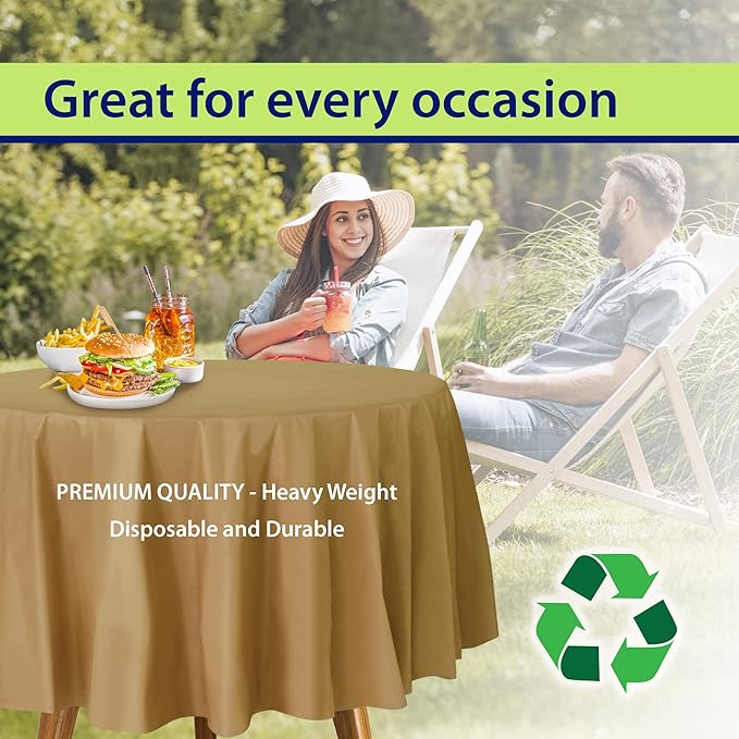 Party Dimensions Gold Disposable Plastic Tablecloth for Round Tables (36 Pack) Table Cloths for Parties, Events & Weddings, Indoors & Outdoors, 84 inches, Plastic Table Cover