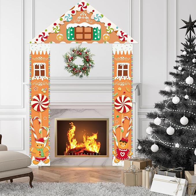 Christmas Gingerbread Door Cover Banners Decor Set,3 Piece Gingerbread House Decorations with Triangle Topper and Hanging Ginger Bread Christmas Decorations Banner for Porch Party Winter outdoor Decor