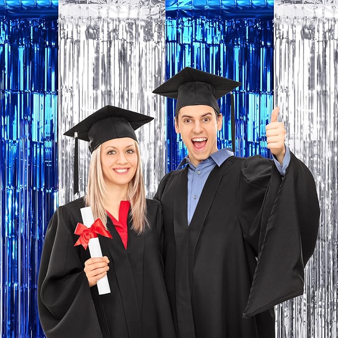 6Pack 3.3Ft x 6.6Ft Graduation Foil Fringe Curtain Backdrop Decorations, Blue Silver Metallic Tinsel Foil Streamers Curtain Photo Booth Background for Graduation Prom Wedding Birthday Party Decoration