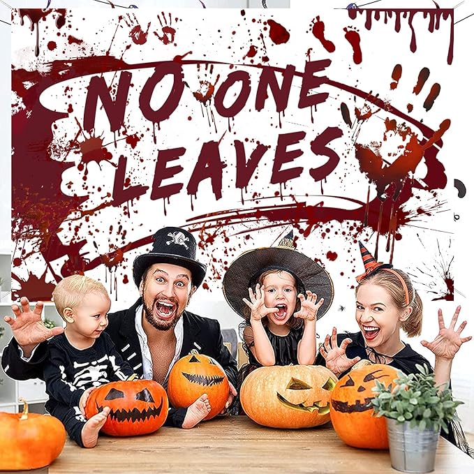 Halloween Decorations Set Bloody Backdrop Banner + Ghost Shadow Blood Footprint Handprint Floor Cling Decal for Bloody Party Spooky Zombie Vampire Party Supply Garage Yard Outdoor Indoor Decor