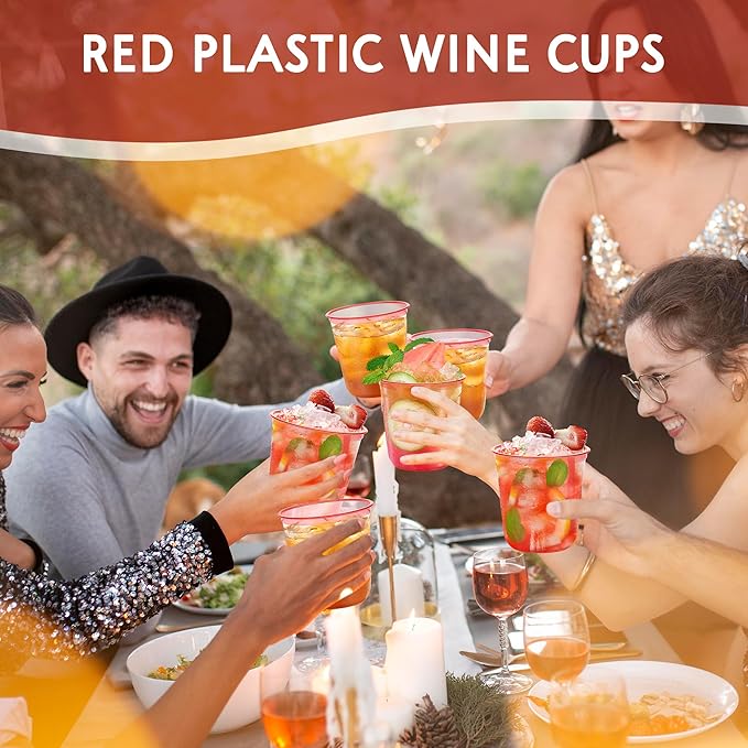 KesaPlan 50 Pcs Red Clear Plastic Cups for Party, 12 oz Disposable Stemless Wine Glasses, Cute Round Bottom Plastic Cocktail Cups for Christmas Valentine's Day Mother's Day Birthday Wedding Party
