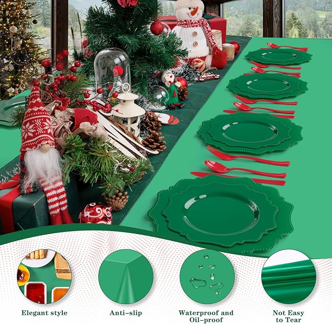 mwellewm 4 Packs Green Table Cloth, Plastic Table Cloth Christmas Tablecloth 54" × 72" Rectangle Disposable Tablecloths Waterproof Green Table Cover for St. Patrick's Party Holiday & Gathering Use