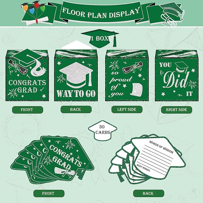 AYGXU graduation card box Holder 2026 with 30pcs graduation cards,Graduation party Decorations,graduation money box,Graduation Party favors Supplies-green box