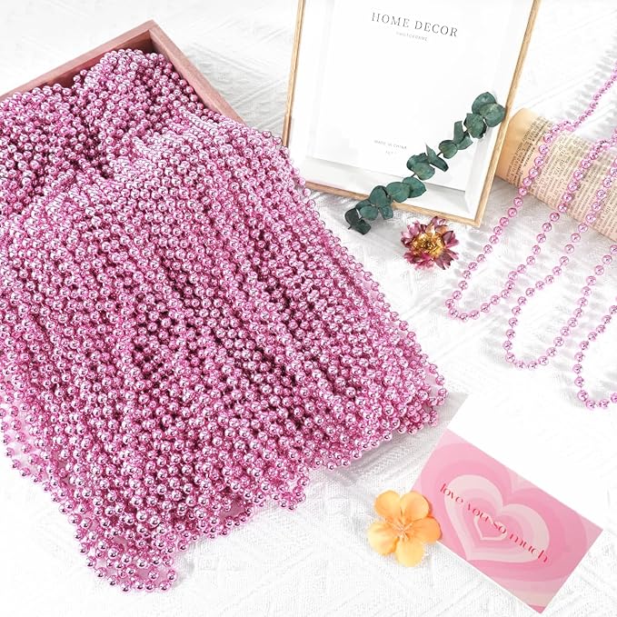 SHAOQINLIN 50 PCS Pink Bead Necklace, 33" Pink Mardi Gras Beads, Breast Cancer Awareness Beaded Necklaces, Party Beads for Mardi Gras, Christmas, Valentine's Day, Wedding, Gender Reveal Party Favors