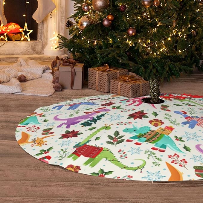 Cute Dinosaur Christmas Tree Skirt Xmas Tree Mat Halloween Christmas Tree Ornaments Decorations Holiday Party Indoor Outdoor 30"