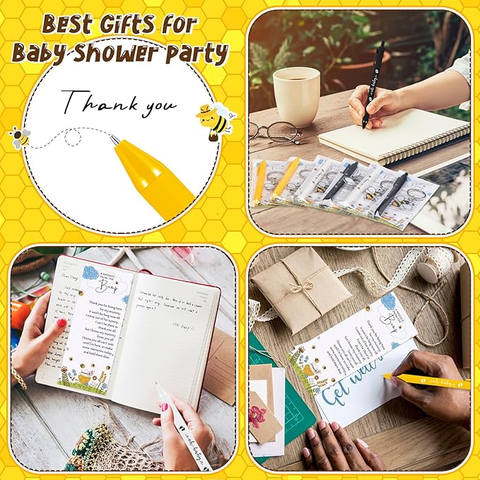 Highergo 100 Pcs Baby Shower Party Favors Bulk 50 Animal Keychains 50 Ballpoint Pens with Thank You Cards Gender Reveal Gift for Guest Baby Shower Souvenir Prize(Bee)