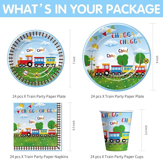 APOWBLS Train Birthday Party Supplies Tableware, Chugga Choo Train 1st 2nd 3rd Birthday Decorations, Paper Plate, Cup, Napkin, Disposable Cutlery, Straw, Tablecloth | 24 Guests