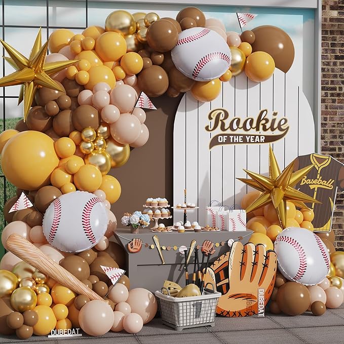 Baseball Balloon Garland Arch Kit - 140pcs Coffee Brown Yellow Gold Nude Balloons with 3D Baseball Bat & Star Balloons for Baseball Party Decorations, Birthday, Sports Theme Party Supplies