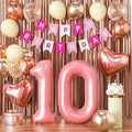 10th Birthday Decorations for Girls, Rose Gold and Hot Pink Double Digits Party Supplies with Happy Birthday Banner, Number 10 Balloon and Foil Fringe Curtains
