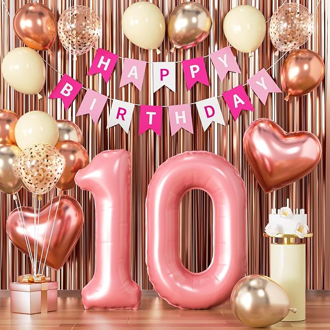10th Birthday Decorations for Girls, Rose Gold and Hot Pink Double Digits Party Supplies with Happy Birthday Banner, Number 10 Balloon and Foil Fringe Curtains