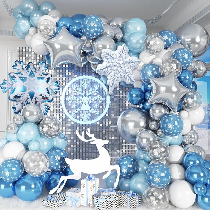 Snowflake Balloon Garland Arch Kit Winter Snowflake Balloons with Silver Blue White Snow Confetti Latex Balloon for Winter Wonderland Christmas Baby Shower Princess Birthday Party Decor