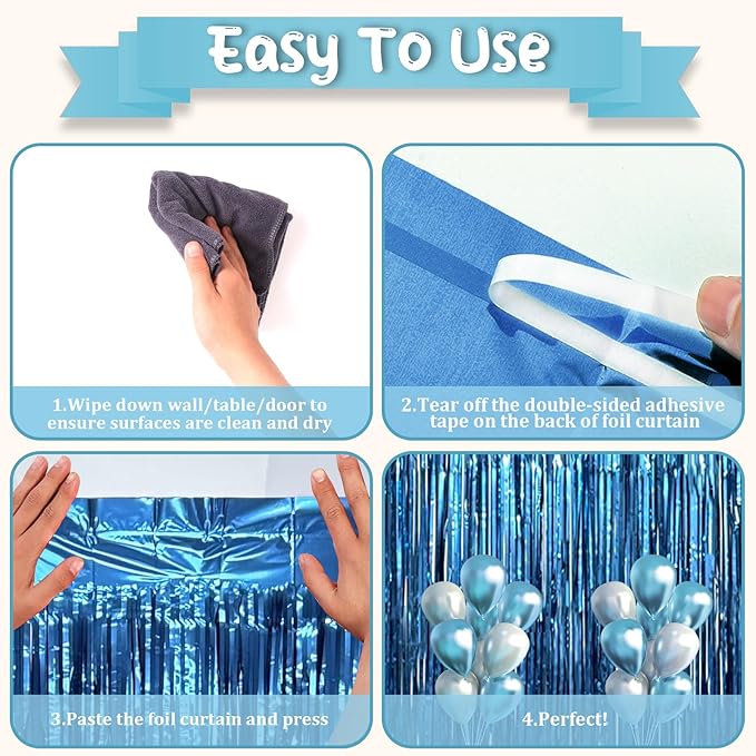 3.3 x 6.6 ft Foil Fringe Backdrop Curtains, Tinsel Streamers Party Decorations, Fringe Backdrop for Birthday, Baby Shower, Gender Reveal, Graduation (6, Retro Blue)