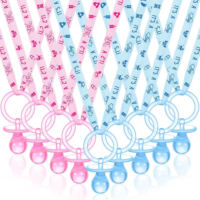 Coume 36 Pcs Shower Party Pacifiers Necklace Acrylic Pacifiers Charm Necklace for Shower Party Decorations Gender Reveal Table Scatter(Blue, Pink)