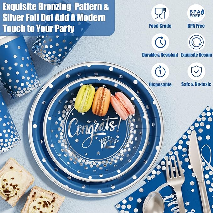 Ecomore 2026 Graduation Decorations - 245 PCS Grad Disposable Dinnerware(Serve 25) & Graduation Party Supplies With Congrats Paper Plate Cup Napkin Tablecloth Backdrop Balloon Kit - Navy Blue Sliver