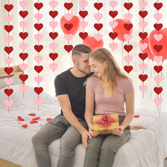 8 PCS Valentines Banner Decor, Hanging Valentines Garland, Pre-Assemble Heart Banner, Red Pink Galentines Day Decorations for Holiday Door Wall Classroom School Home Decor