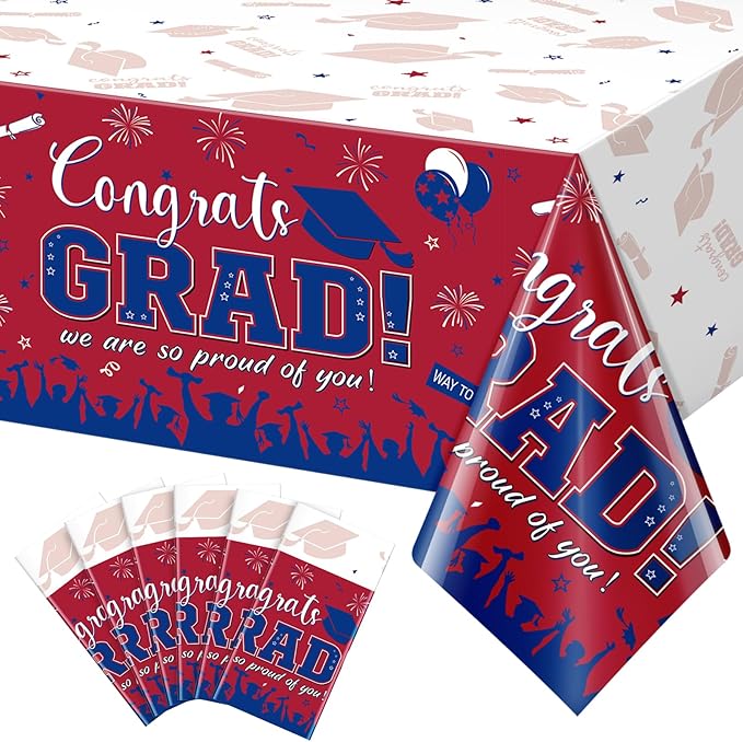 6 Pack Graduation Tablecloth Party Decorations, Class of 2026 Congrats Grad Plastic Tablecover Party Supplies, Red and Blue Rectangle Graduation Table Decor for College High School Party, 54 x 108Inch