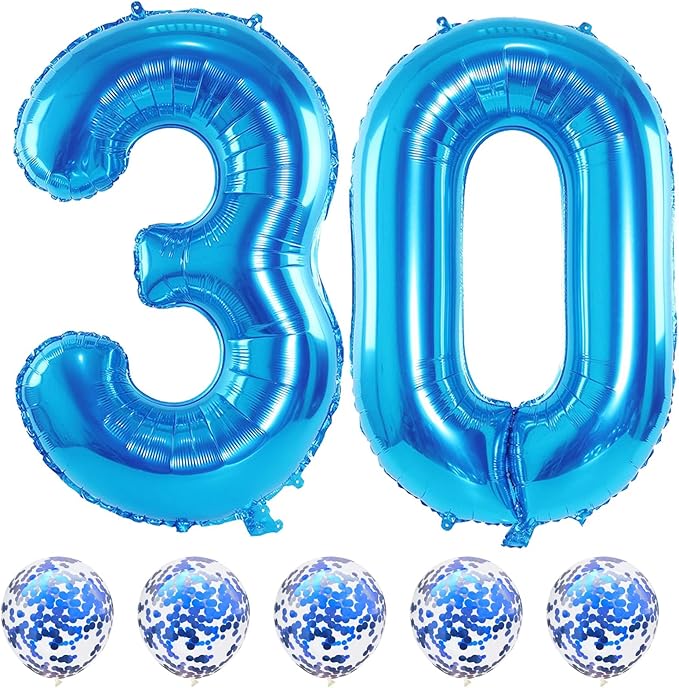 40 Inch Number 30 Foil Balloons, Large Blue 30th Birthday Digital Balloons with Blue Confetti Helium Balloons, Number 0 and 3 Helium Balloons Self Inflating for Men Women Anniversary Party Decorations
