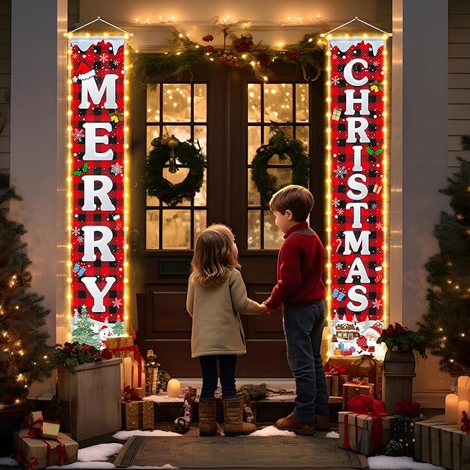 Christmas Decorations Outdoor Merry Christmas Banner with String Lights Xmas Porch Door Welcome Sign Hanging Christmas Decor Indoor for Home Holiday Outdoor Wall Front Door Yard Garage