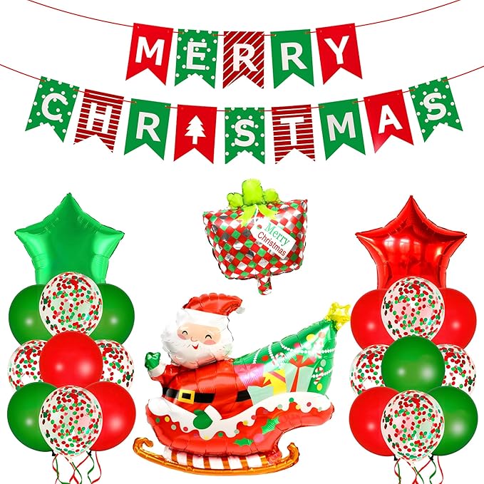 KatchOn, Merry Christmas Decorations Indoor - Huge, Pack of 25 | Merry Christmas Banner, Santa Balloon, Star Balloons for Holiday Decorations | Xmas Balloons for Xmas Decoration