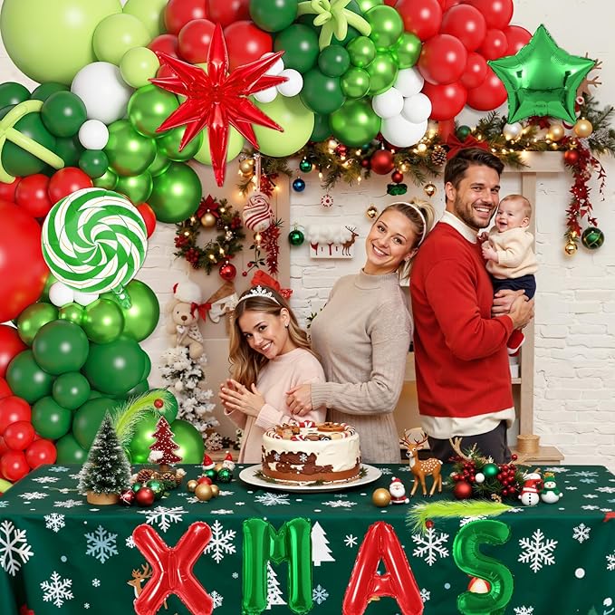 Ouddy Life 170Pcs Merry Christmas Party Decorations Set, Christmas Balloon Garland Arch Kit, Xmas Foil Fringe Curtains Faux Pampas Red Green Candy Cane Star Foil Balloons for Friends Birthday Supplies