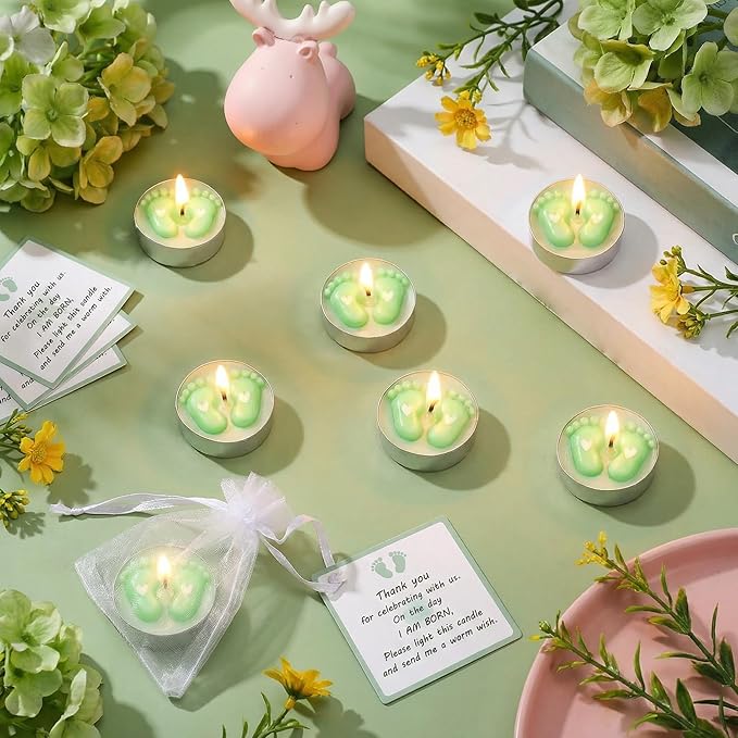 Treela 20 Sets Baby Shower Party Favors Green Tea Lights Candles with Organza Bag for Guests Cute Feet Shaped Burning Thank You Tags Return Gifts Keepsakes for Baby Shower Gender Reveal Party
