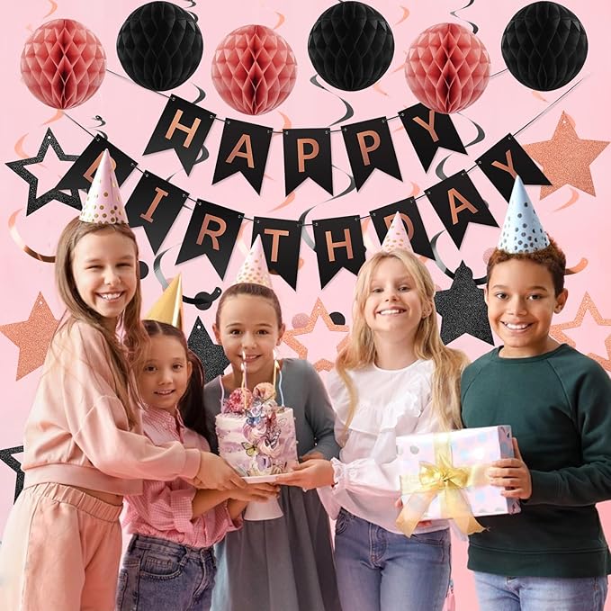 meowtastic Birthday Decorations, Happy Birthday Banner with Honeycomb Balls, Star Hanging Swirl Streamers, Circle Dot Garland, Happy Birthday Party Decoration for Women Men Boy Girls (Rose Gold&Black)