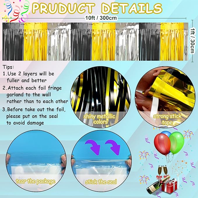 4 Packs Total 39 Ft Parade Floats for Trailer Car, Black Gold Silver Foil Fringe Garland Tinsel Streamers Banner Table Skirts for Graduation Homecoming New Year's Eve Birthday Party Decor