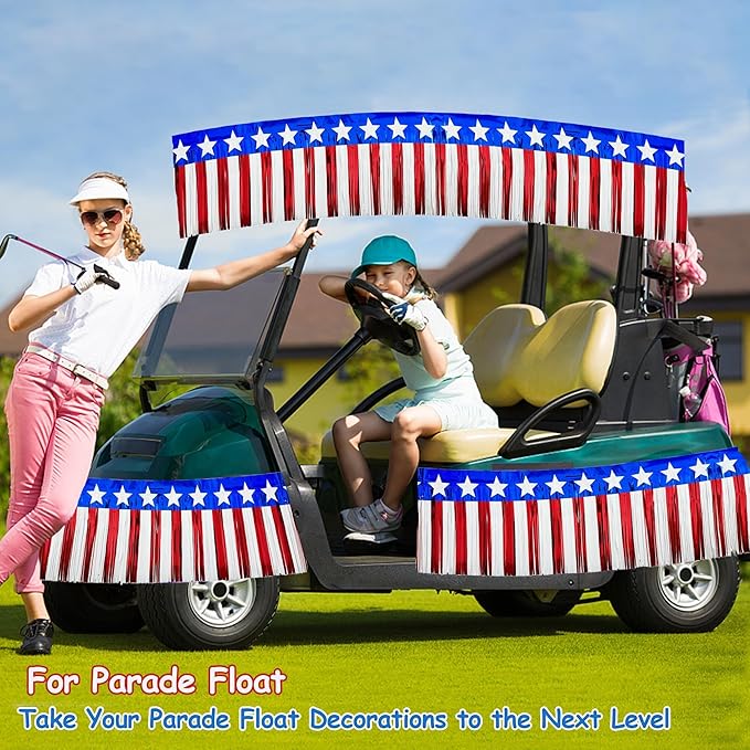 4 Pack 39Ft 4th of July Parade Floats for Trailer Car, Flag Stripes and Stars Foil Fringe Garland Tinsel Streamers Banner Table Skirts for 4th of July Graduation Homecoming Birthday Party (Star)