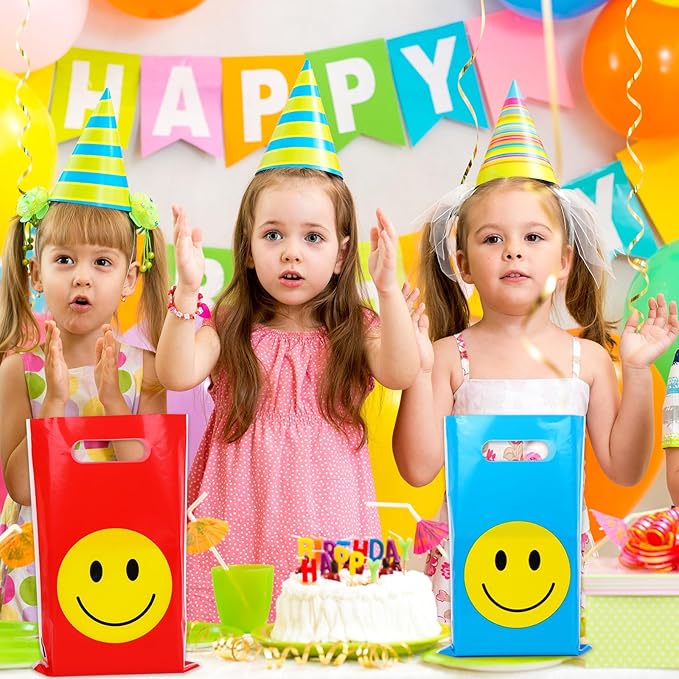 Whaline 200Pcs Rainbow Smile Face Party Favor Bag Colorful Plastic Treat Bags with Handles Candy Goodie Bags for Birthday Baby Shower Snack Cookie Packing
