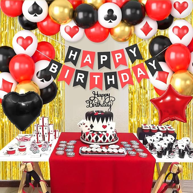 Casino Theme Party Decorations for Men Women, Casino Birthday Decorations with Poker Balloons 'HAPPY BIRTHDAY' Banner Cake Topper Star Foil Balloons Fringe Curtain for Las Vegas Game Night Party Decor