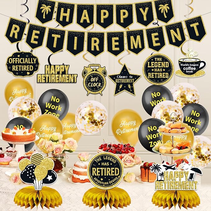 25Pcs Retirement Party Decorations for Men Women, Black Gold Happy Retirement Banner Balloons Party Supplies, The Legend Has Retired Farewell Theme Honeycomb Centerpiece Swirl Decor