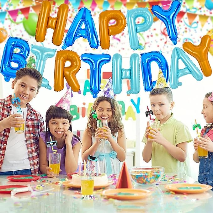 TONIFUL Happy Birthday Balloons Banner with Ribbon Straw, 16 Inch Mylar Letters Birthday Sign Banner Balloon Bunting Reusable for Girls Boys Kids & Adults Birthday Halloween Supplies（Blue Orange）