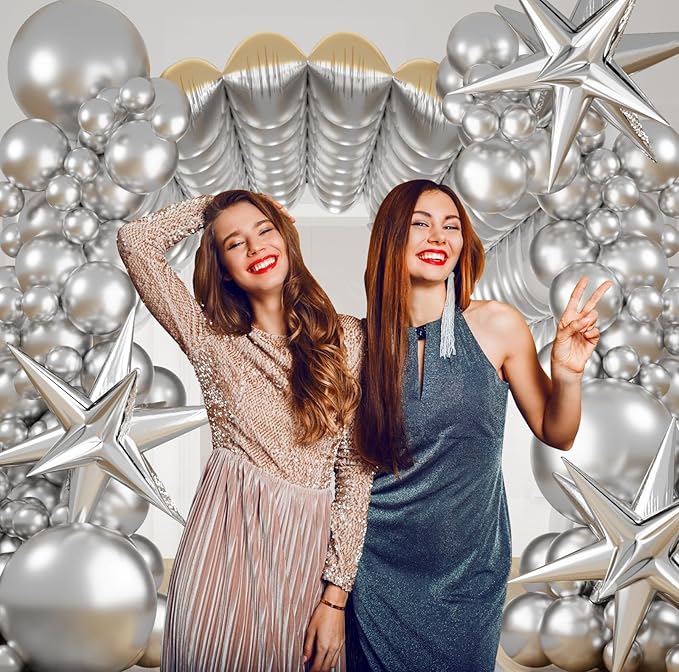 152PCS Chrome Silver Square Foil Balloons Backdrop Wall, Double Sided Tunnel with Metallic Silver Balloon Arch Garland Kit for Graduation Disco Birthday Party Decorations