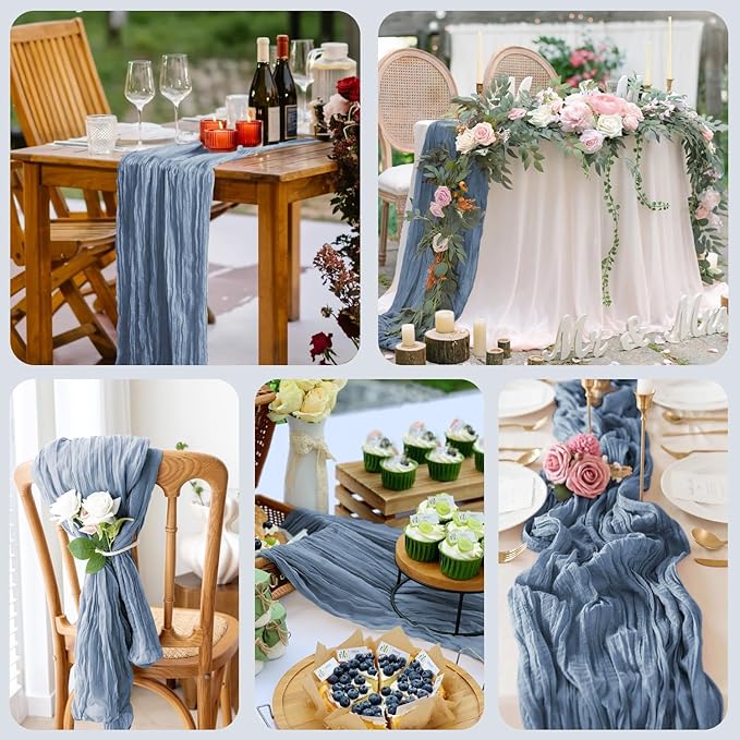 Wokceer Dusty Blue Cheesecloth Table Runner Spring 10FT Boho Gauze Easter Cheese Cloth Table Runner for Party Long Rustic Sheer Runners for Baby Bridal Shower Wedding