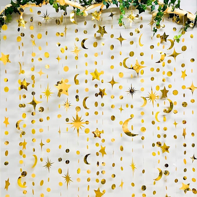 Gold Star Moon Circle Dot Garland Party Decorations Kit Hanging Crescent and Twinkle Little Star Streamer Bunting Banner for Kids Room First Birthday Ramadan EID Mubarak Baby Shower Wedding Engagement