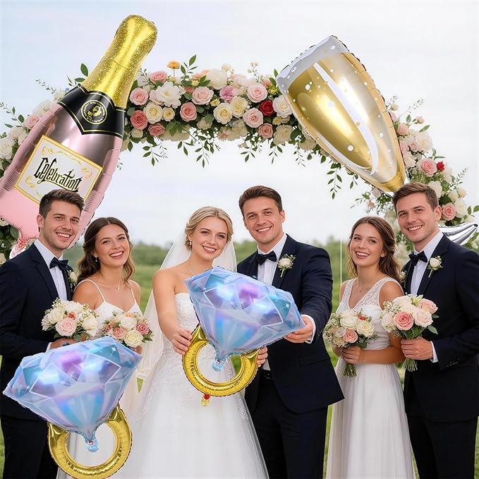 Diamond Ring Balloons Champagne Bottle Wine Glass Foil Balloons for Bachelorette Engagement Bridal Shower Wedding Proposal Marriage Anniversary Just Engaged Married Celebration Party Decorations