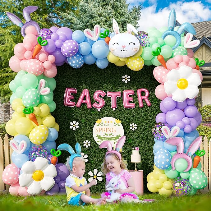 Bonropin 162pcs Easter Balloon Arch Kit - Pastel Balloon Garland with Bunny, Ears, Daisy Foil, Printed Balloons for Baby Shower Party, Spring Birthday, Easter Decorations