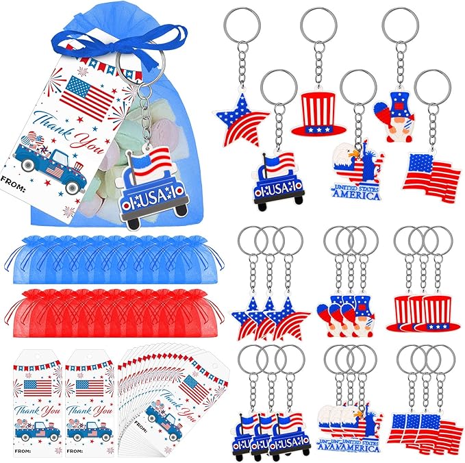250 Years Anniversary American Independence Day Gifts for Boy 4th of July Keychain Gift Set Gift Tags USA Organza Bags for Fourth of July Key Chain Classroom Reward National Day Gifts