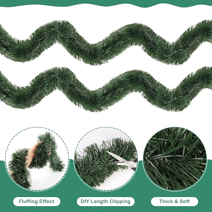50FT Green Christmas Tinsel Garland, Artificial Greenery Garland for Tree Decorations, Faux PVC Soft Metallic Tinsel Twist Garlands for Xmas Home Indoor Decor