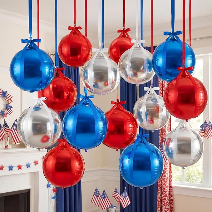 20 Pcs Large Red Blue Silver Metallic Foil Balloons 22 Inch Independence Day Giant 4d Round Ball Balloons with Ribbions for 250th Anniversary Birthday Wedding Baby Shower Tea Party Decor