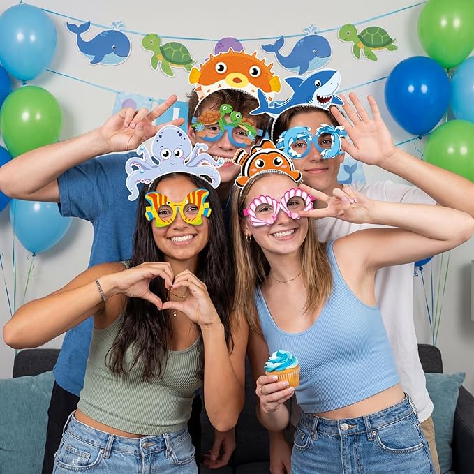 Pajean 24 Pcs Under The Sea Party Supplies Include 12 Ocean Animals Paper Eyeglasses 12 Sea Animals Headbands Photo Booth Props for Beach Pool Mermaid Fish Party Favors Decorations