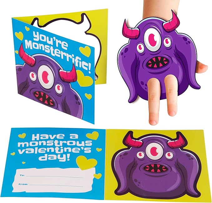 Kangaroo 28 Pack Monster Finger Puppets Valentines Day Cards with Envelopes Bulk - Funny Valentines Crafts Activities for Kids Classroom - Valentines Day Cards for Kids School Party Favors Goodie Bags Gift Ideas for Class
