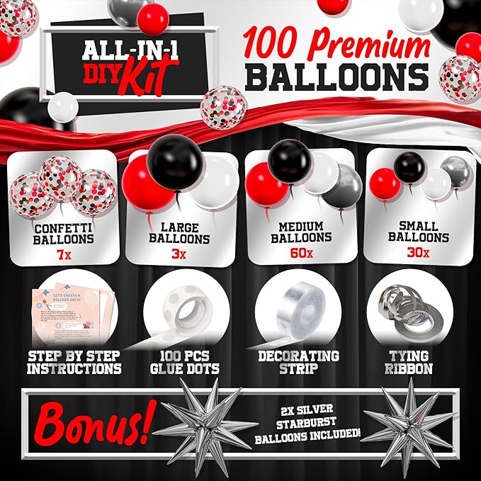 ALL-IN-1 Red Black and White Balloon Arch Kit for Red and Black Birthday Party Decorations – Reds and Blacks Balloons for White Black and Red Balloon Garland Kit – Graduation Black and Red Balloons