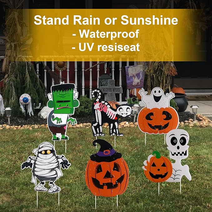 6PCS Yard Signs for Halloween Props Yard Stakes Pumpkin Ghost Monster Yard Sign Stakes for Halloween Decorations Outdoor Lawn Decor Yard Decorations