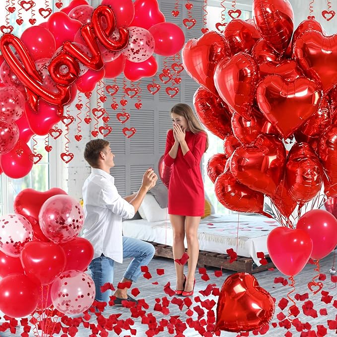 Red Valentines Day Decorations with Red Heart Balloons and Love Balloon, Fake Rose Petals for Wedding Decor, Anniversary Decorations Romantic with red Latex Balloons and Heart Hanging Decor